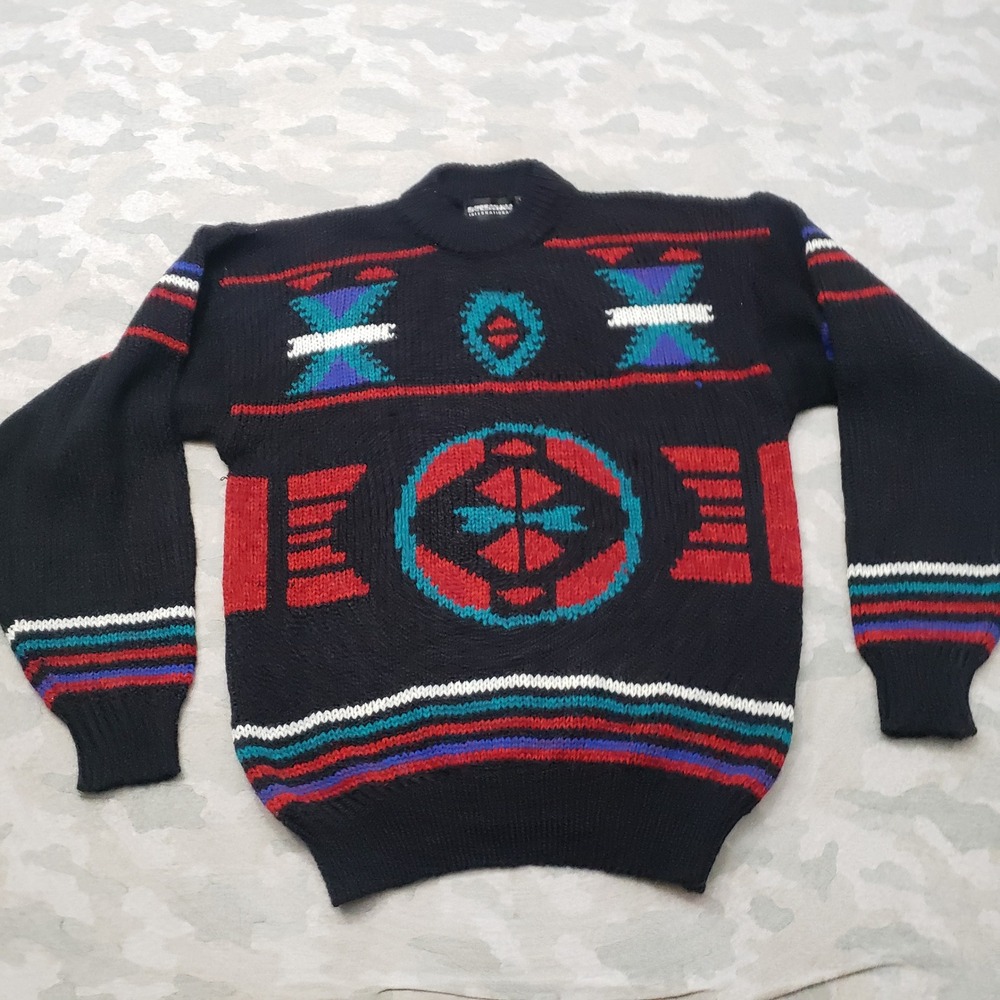 Vintage Expressions International Sweater Mens Large Black Pullover Geometric